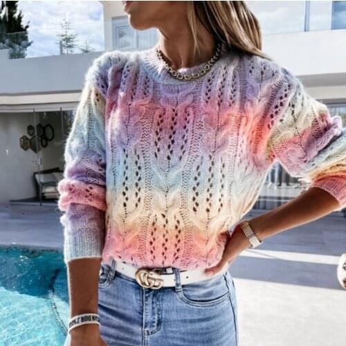 Women’s Autumn Winter Warm Sweaters Fashion Women Long Sleeve Gradient Color Printing Knitted Sweater Casual Loose Pullovers Top