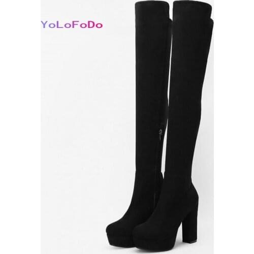 Black Brown Beige Women Over the Knee Boots Platform Square High Heel Ladies Thigh Boots Faux Suede High Quality Stretch Boots