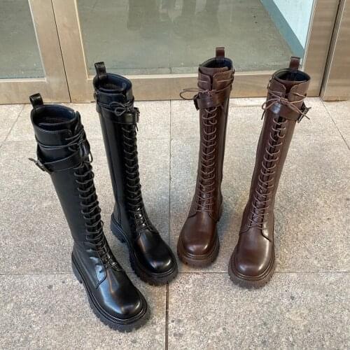 Womens Wedges Knee-High Martin Boots High Heels Platform Boots Short plush Lack-up Buckle Punk