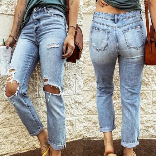 Ladies Jeans Washed Hole Fringe Ladies Jeans Trousers Baggy Jeans