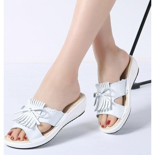 2020 Summer women slippers flat sandals Shoes white leather ballet slippers round toe fringe slides flip flops female 856