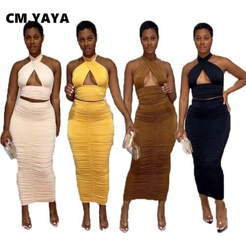 CM.YAYA 2021 Summer Solid Streetwear Womens Set Sleeveless Tank Tops Midi Maxi Draped Skirts Matching Two Piece Set Outfits