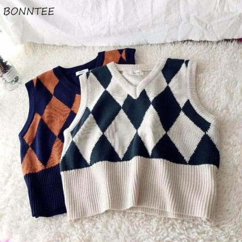 Sweater Vest Womens Loose V-Neck Patchwork Stylish Knitting All-match Autumn Female Korean Version Popular Leisure Student Soft