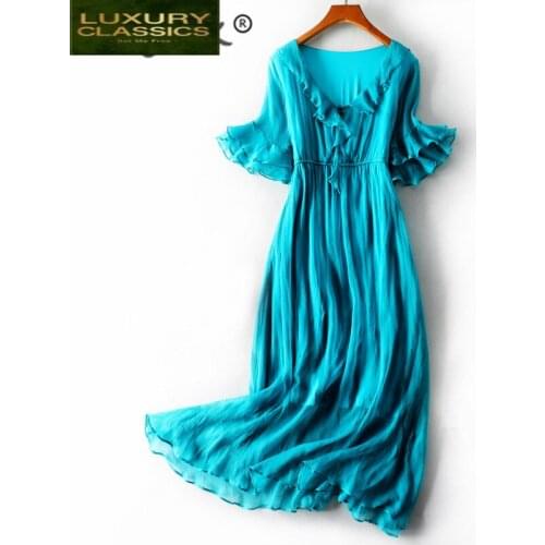 Real 100% Summer Dress Silk Dress Women Clothes 2021 Boho Ruffles Maxi Dresses Vinatge Elegant Ladies Vneck Vestido 98005
