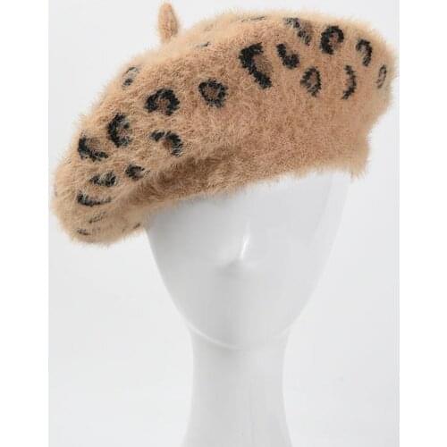 2021 Winter Chic Women Fuzzy Rabbit Hair Leopard Berets Warm Cozy Animal Printed Rabbit Hair Knitted Hats