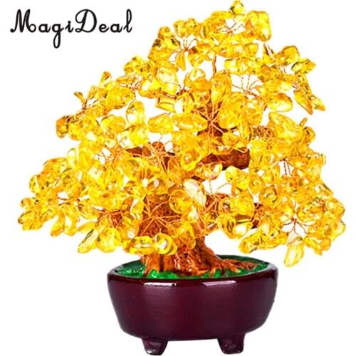 7'' Natual Crystal Money Tree Bonsai Style Feng Shui Wealth and Luck Tree -Yellow