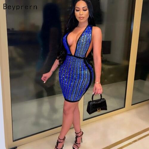 Beyprern Sparkle Rhinestone Studded Bodycon Short Party Dresses Womens Sleeveless Halter V Neck Sequins Dresses Birthday Outfits