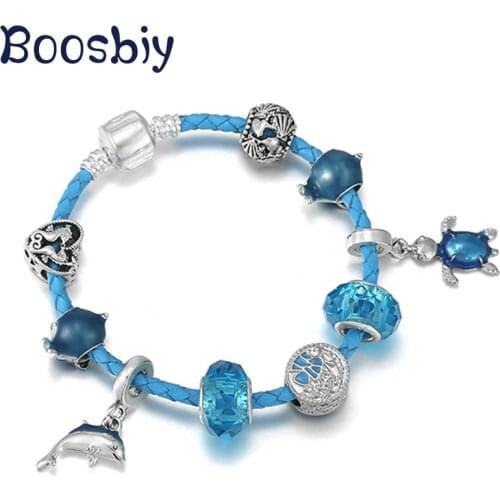 DIY Cute Dolphin & Tortoise Charm Pendants Fit Blue leather Charm Bracelet For Women Fit Fashion Brand Ocean Style Jewelry Gift