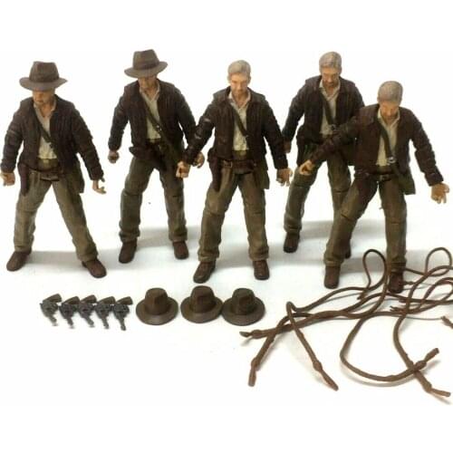 Lot of 5pcs 3.75 Inch Movie Toys Indiana Jones Action Figure with Gun Whip Detachable Hat Boy Toy