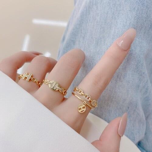 Ins Hot Sale Crystal Letter Adjustable Rings for Women New Fashion Brand Jewelry Gift Engagement pierced Rings