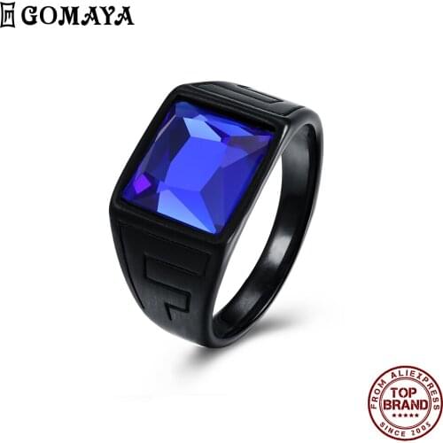 GOMAYA 316L Stainless Steel Watch Shape Design Men Rings Trendy Navy Blue Square Zircon Ring Party Prom Festival Gift Jewelry