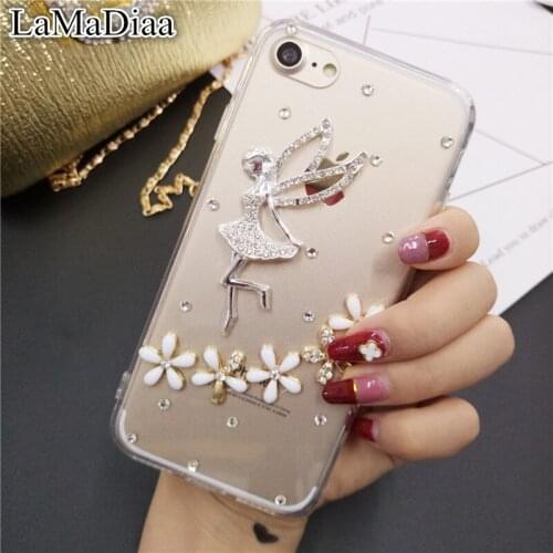 LaMaDiaa Bling Diamond Rhinestone and Pearl angel Girl Phone Case for Samsung S10 S9 S8 Plus S7 S6 edge Note9 Note8 Soft Case
