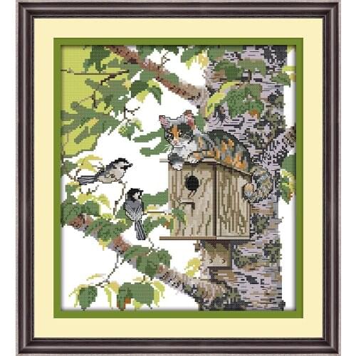 Cat and birds cross stitch kit aida 14ct 11ct count printed canvas stitches embroidery DIY handmade needlework