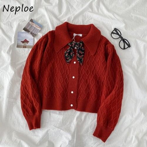 Neploe Turn Down Collar Lace Up Bow Design Solid Knit Sweater Cardigans Single Breast Long Sleeve Loose Pull Femme Wild Sueter