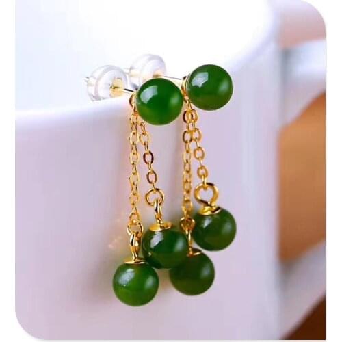 Hetian jade natural Russian jasper old material s925 silver inlaid jade beads female models earrings and Tianbi jade earrings
