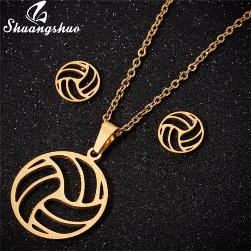 Shuangshuo Women Sports Series Volleyball Chain Stud Earrings Simple Pendant Necklace Earrings Stainless Steel Jewelry Sets