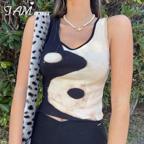 Vintage Patchwork Printed Cami Tops Women Harajuku Casual Fitness Basic Tank Top Summer Gothic Bustier Vest 2021 Iamhotty