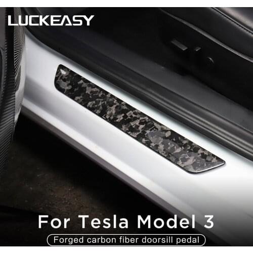 LUCKEASY door Sill Protector for Tesla Model 3 2017-2020 Car Forged marbling dry carbon fiber sill bars 4pcs/set