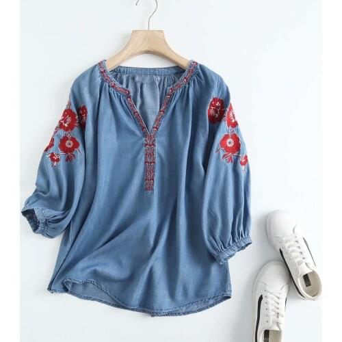 Embroidery denim blouse shirt women three quarter sleeve v-neck casual floral soft jeans blouse light blue cotton women tops