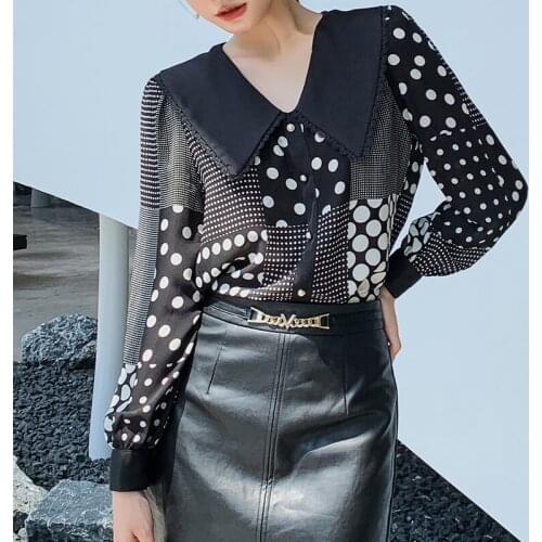 Sweet Peter Pan Collar Elegant Shirt Office Lady Casual Fall Tops Wave Points Print Single Breasted Women Blouse Freeshipping