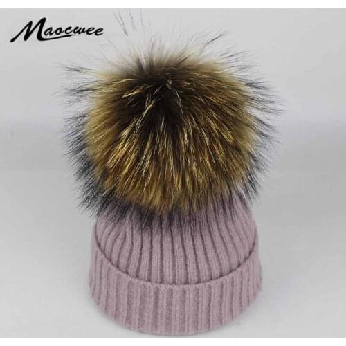 Women Winter Hat Raccoon Fur Big Pom Poms Hat Beanies Crochet Knitting Fur Warm Cap Women Winter Fashion Knit Cap Bone Gorras