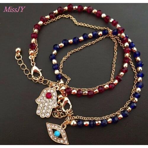 Lucky Kabbalah Fatima Hamsa Hand Red Blue Evil Eye Charms Bracelets & Bangles Multilayer Beads For Women