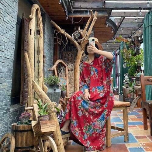 Women Retro Printed V Neck Dress Ladies Vintage Cotton Dress Female 2021 Spring Summer Plus Size Dresses