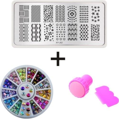 1Set Nail Art Stamping Plates Crown Flower Image Templates+Pink Stamper Scraper Set+Acrylic Steeple Flatback Rhinestones