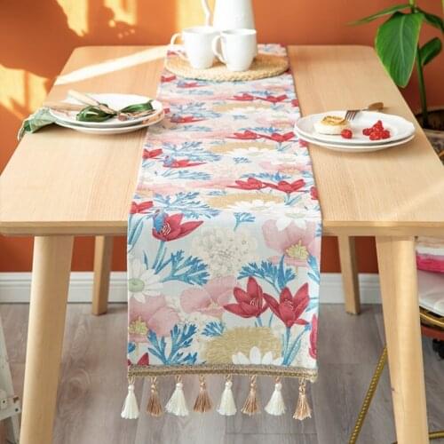 DUNXDECO Tassel Table Runner Party Long Table Cover Fabric Fresh American County Style Garden Flora Print Desk Decorate Textile
