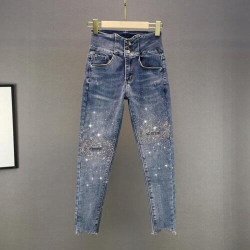 2021 New Spring Womens Rhinestone Jeans Ladies High Waist Slim Three Buttons Hole Ripped Pencil Denim Pants Female Autumn