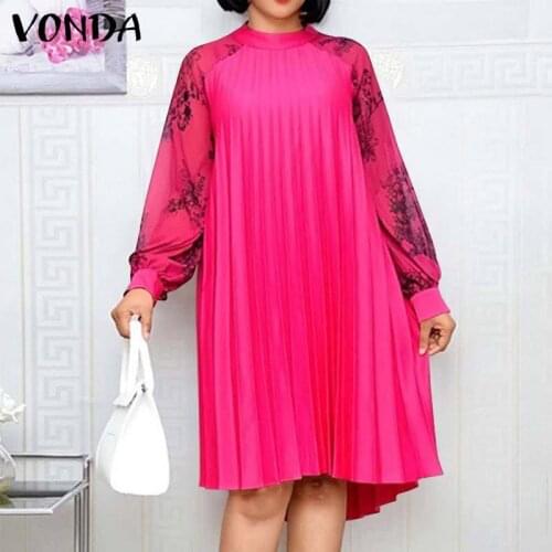 Elegant Women Long Sleeve Dress 2021 VONDA Vintage Printed Party Midi Dress Femme Casual Patchwork Vestidos Oversized Robe Femme