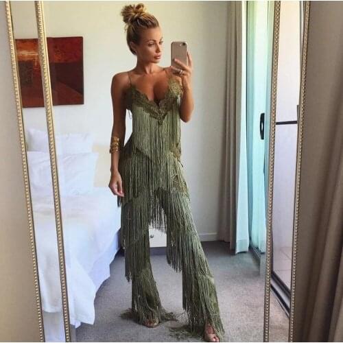 HOT Luxe Tassel Embellished High Quality Sexy Celebrity Party Club Wear Elegant Women Long Jumpsuits