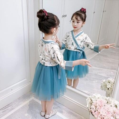 Summer Girls Clothes Kid Tracksuit 2pcs Floral Print Coat + Chiffon Tutu Dress Outfit Vintage Chinese Style Girls Clothing Set