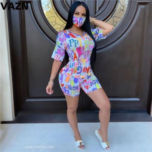 VAZN 2020 Summer Hot Daily Letter Casual Simple Regular Young Tracksuits Short Sleeve Top Knee Length Slim Women 2 Piece Set