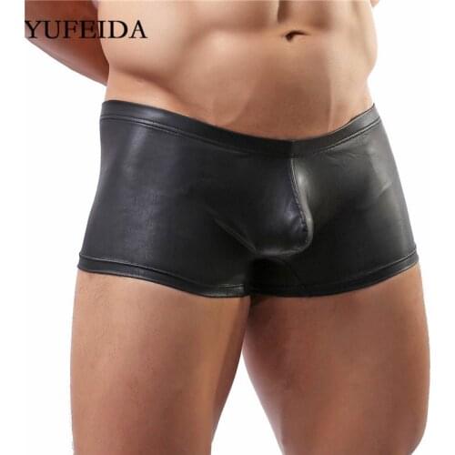 YUFEIDA Sexy Mens Underwear Boxers PU Leather Boxer Shorts Trunks Underpants Male Gay Homme Penis Pouch Latex Panties Clubwear