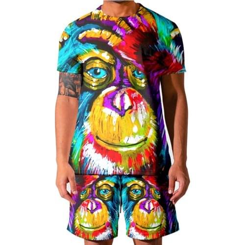 Mens Casual 3D Print Colorful monkey Short-sleeved T-Shirt Shorts 2-piece Suit 2021 Summer Mens Suit Casual Sportswear