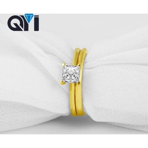 QYI 14K Solid Yellow Gold Solitaire Rings Princess Cut Sona Simulated Diamond Engagement Women Wedding Ring Set