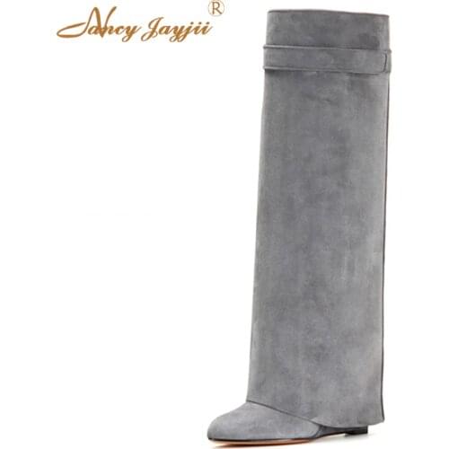 Nancyjayjii Grey&Navy Blue Suede Boots Pointed Toe Flat Heels Knee-High Slip-on Dress&Party Women Shoes bota feminina inverno