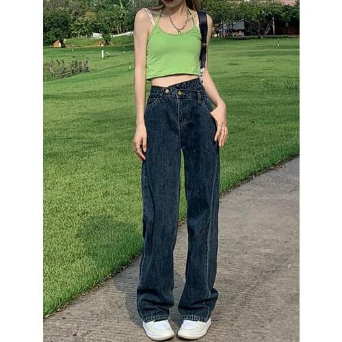 Dark Blue Jeans Womens Loose Womens Slimming High Waist Wide Legs Mop Straight Design Pants Spring and Autumn