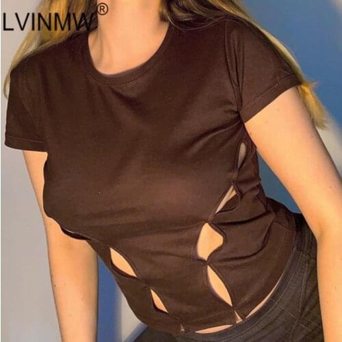 LVINMW Tee O Neck Short Sleeve Hollow Out Slim Black Crop Top Solid Casual Basic Simple Stitched Woman T Shirts Daily Streetwear