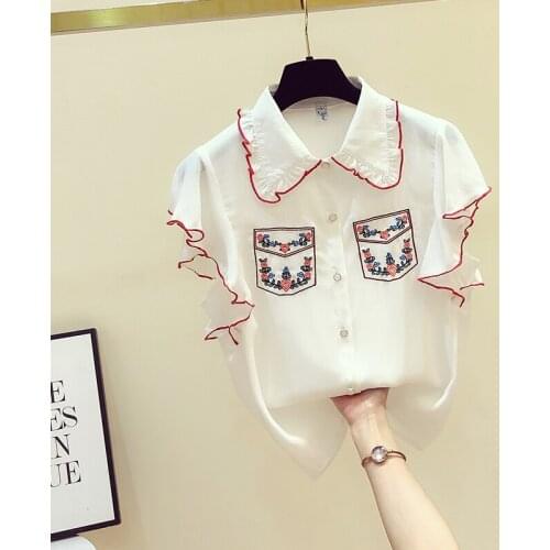 2021 Summer Women Turn Down Collar Shirt Chiffon Blouse Ruffles Short Sleeve Shirts Tops Ladies All-match Blouuse Blusas A3280
