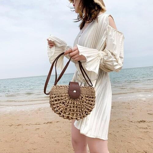 Wicker woven lady crossbody bag summer beach straw bags lady small purse travel 2022 casual half moon rattan women shoulder bags