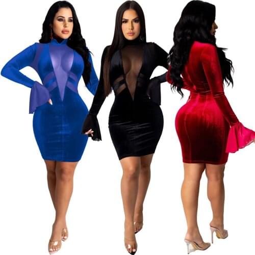 Women Turtleneck Velet Mesh Patchwork Sexy See Through Mini Dress Summer New Flare Sleeve Slim Bodycon Party Night Club Vestidos