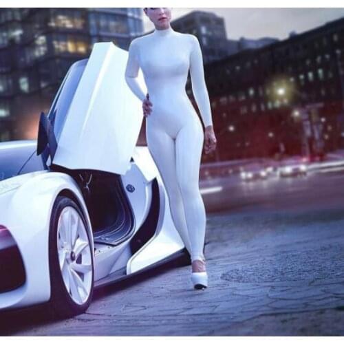 Handmade womens Fetish catsuit long sleeve white tight bodysuit with back zip to waist