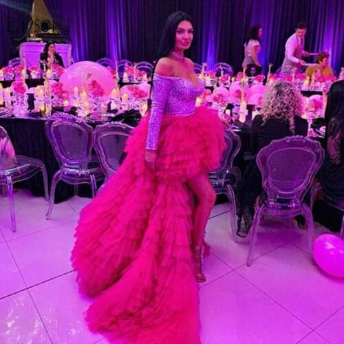 Modern Fuchsia High Low Birthday Prom Party Dresses Shiny Sequined Sleeves Long Party Dresses Off Shoulder Sexy Women Clothes
