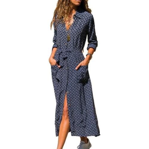 Summer dress Women Long Sleeve Stripes Print Pockets Waist Belt Buttons Down Maxi Shirt Dress robe femme футболка женский 2021