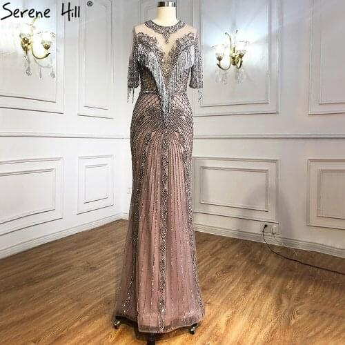 Serene Hill Luxury Grey Pink Mermaid Evening Gown For Women 2021 Half Sleeves Beading Tassel Elegant Formal Party Dress CLA70966