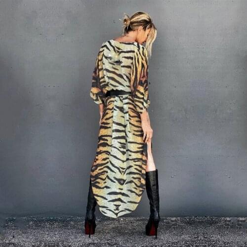 2021 Yellow Sexy Tiger Striped Chiffon Bikini Cover-ups Plus Size Kimono Dress Summer Women Beach Wear Swim Suit Cover Up A866