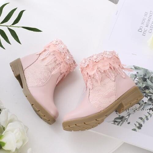 Lace boots for girls children (4-15 years old) floral childrens shoes walking shoes lace/slit white/pink autumn/winter/party