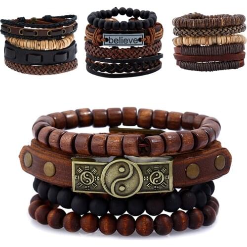 Fashion Hip Hop Leather Bracelets & Bangle Sets Women Men 3/4 Pcs/Set Multilayer Bead Wristband Vintage Punk Bracelet Pulseira